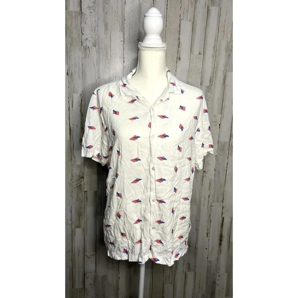 Denim & Flower Men's Large American‎ Flag Print Short Sleeve Button Up Shirt